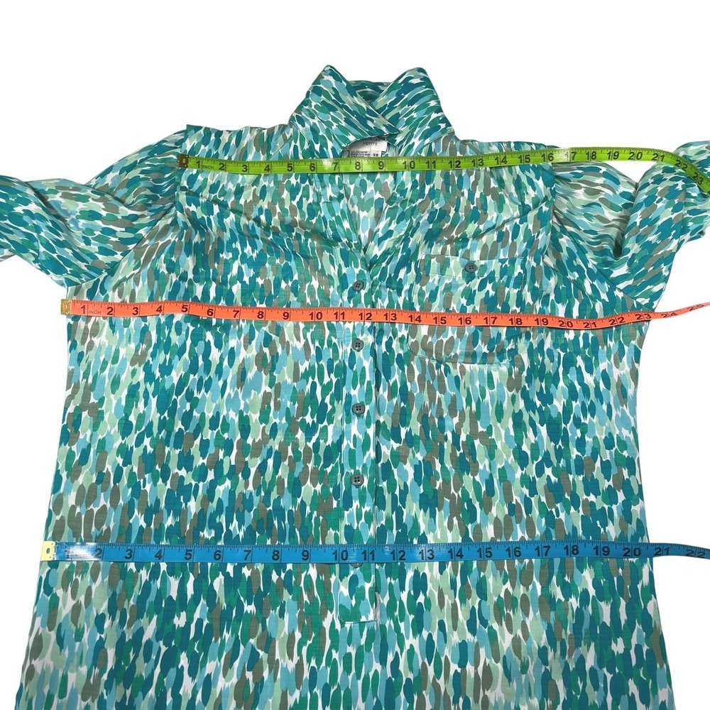 Schrader Petite 12 Teal Green Abstract Shirt Dress Belted Long Sleeve Vintage - Picture 5 of 8